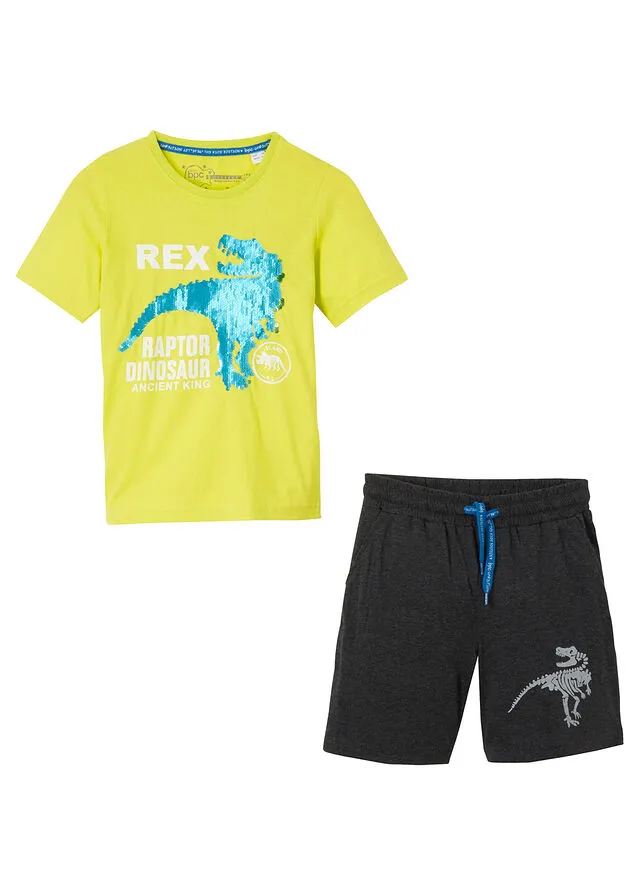 CAMISETA CON LENTEJUELAS REVERSIBLES Y PANTALóN CORTO PARA NIñOS (2 PIEZAS) VERDE LIMAGRIS OSCURO JASPEADO